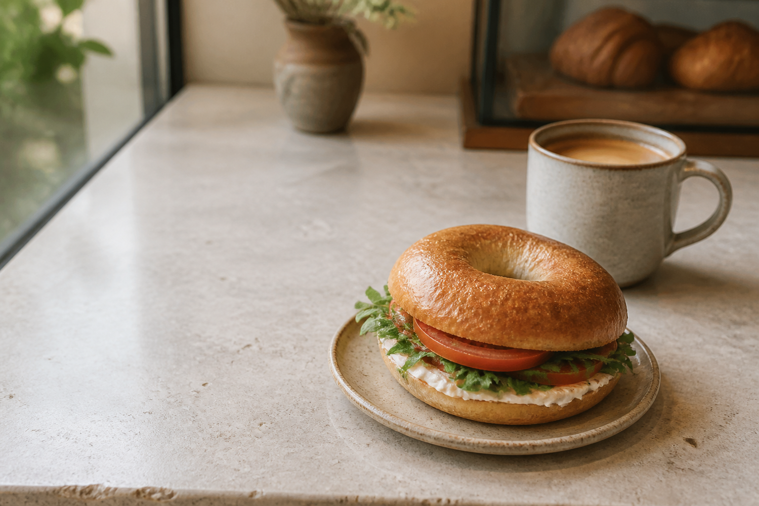 Toasted breakfast bagel with cream cheese, greens and tomato beside coffee