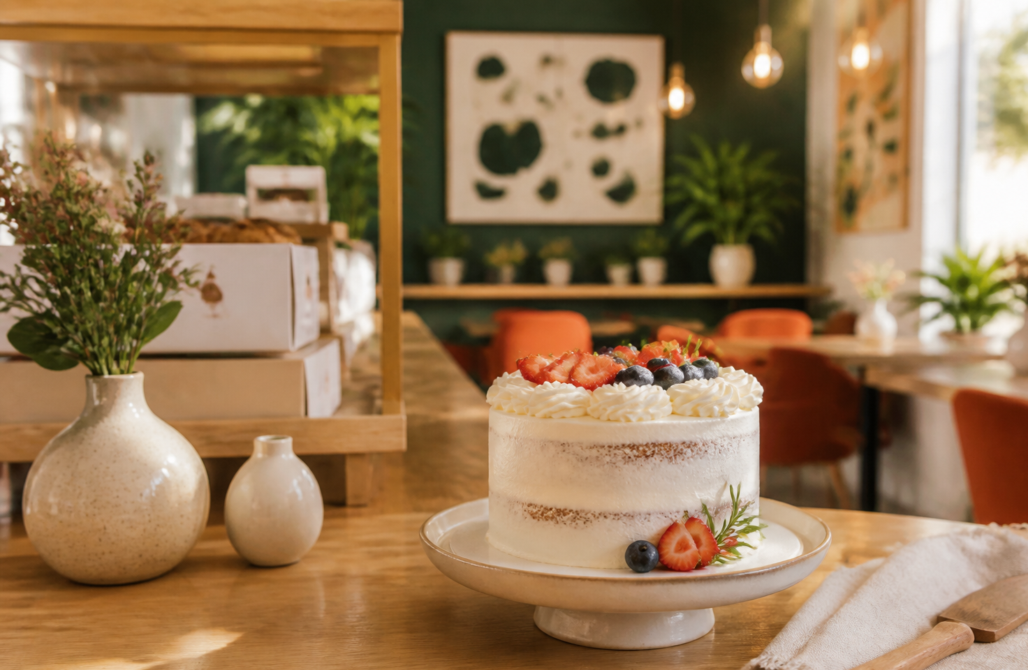 Hand-finished celebration cake on a ceramic cake stand in the café