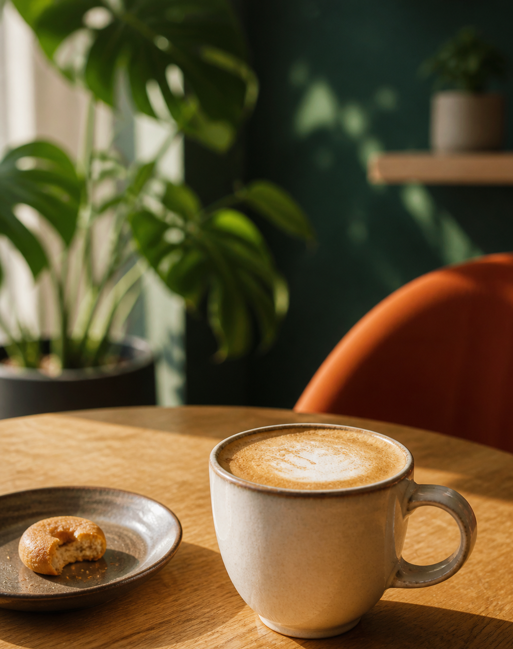 Cream ceramic cup of coffee on a wooden café table with a small doughnut and a rust-orange chair behind it