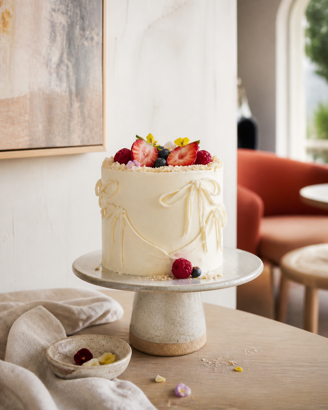 Ivory celebration cake with fruit and hand-piped cream details