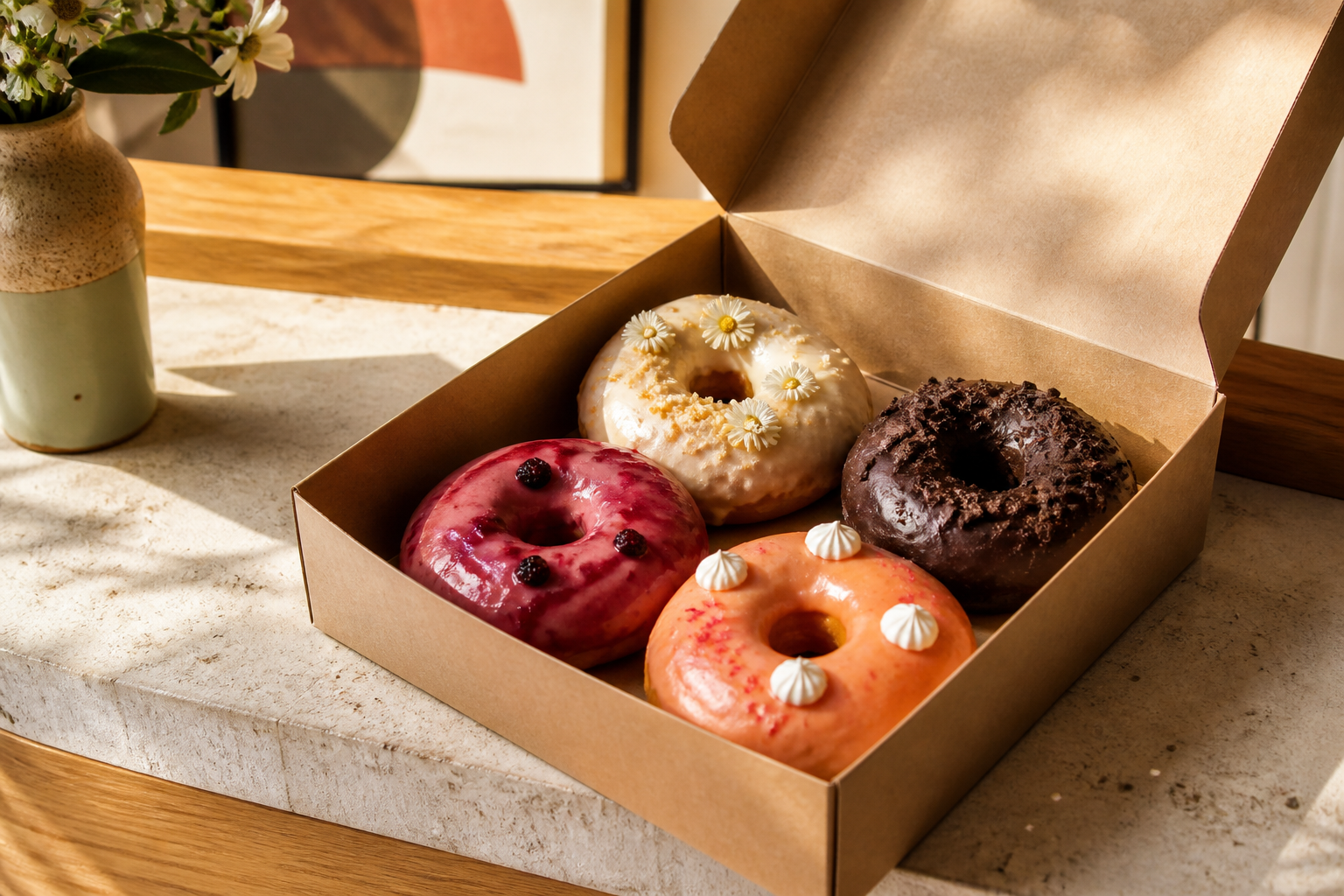 Box of assorted doughnuts on a light stone counter