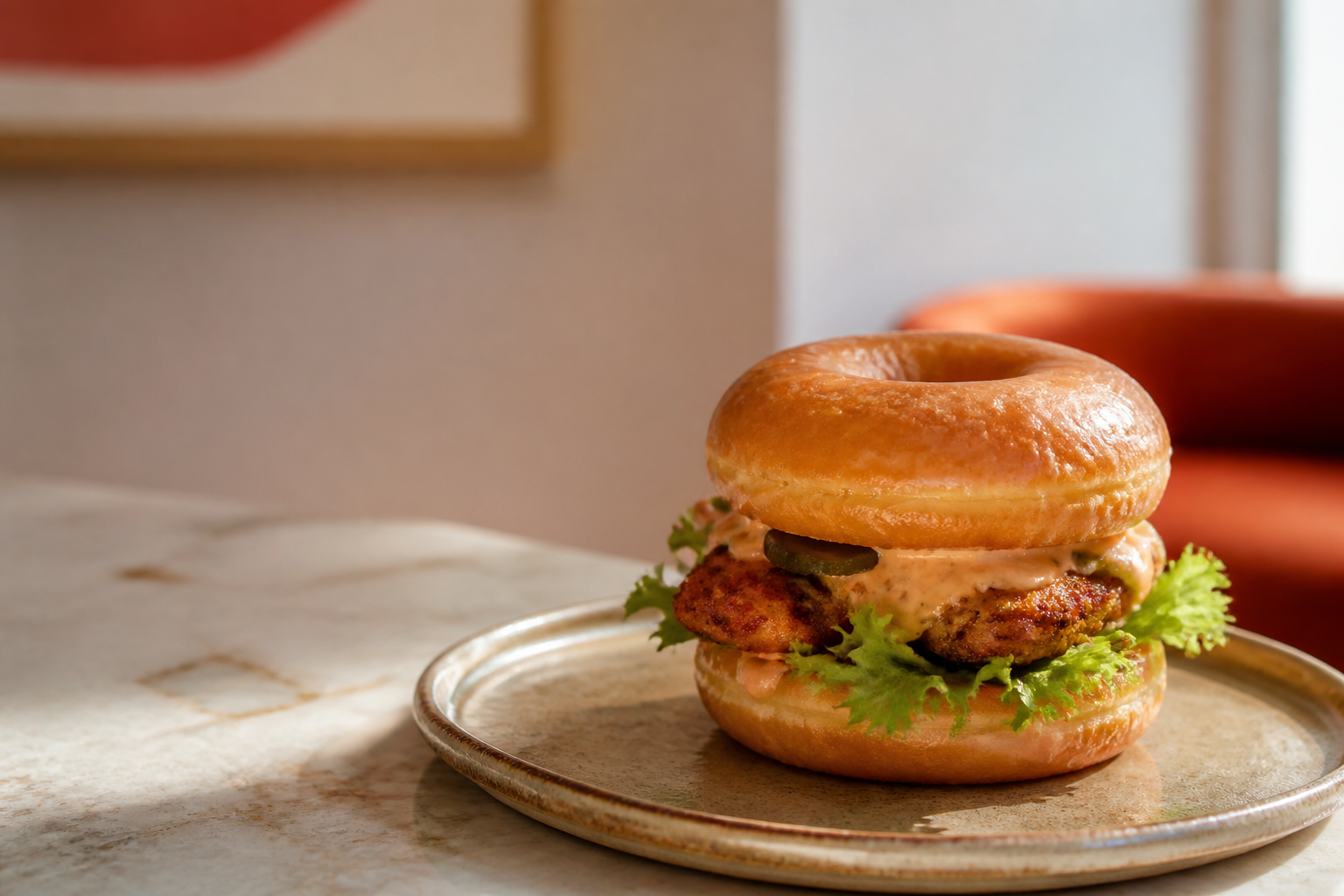 Sweet and savoury doughnut burger on a ceramic plate