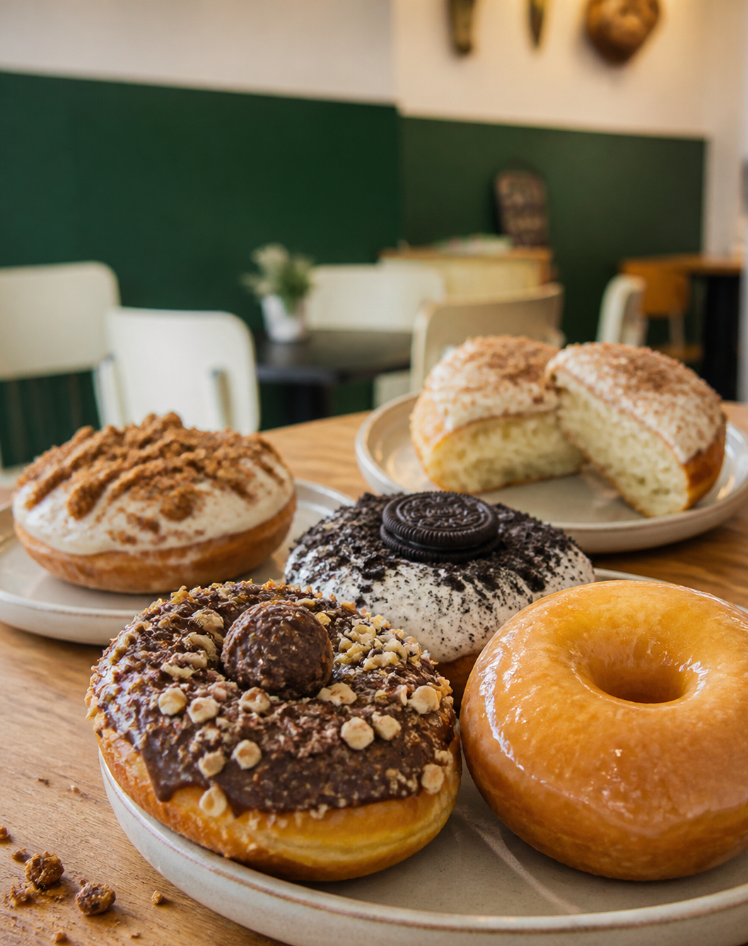 Freshly made doughnuts with chocolate, hazelnut, cookie and caramel toppings on ceramic plates