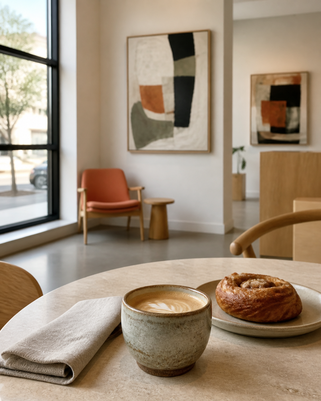 Coffee and pastry on a café table beside abstract artwork