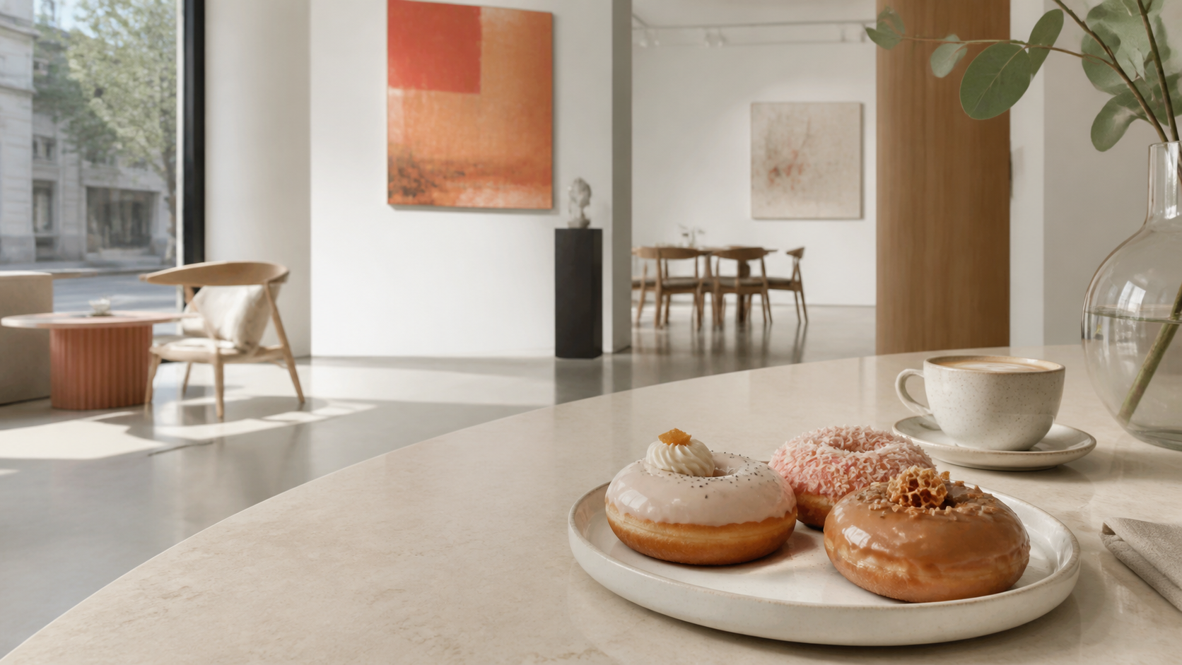 Fresh doughnuts on a ceramic plate inside a bright gallery café
