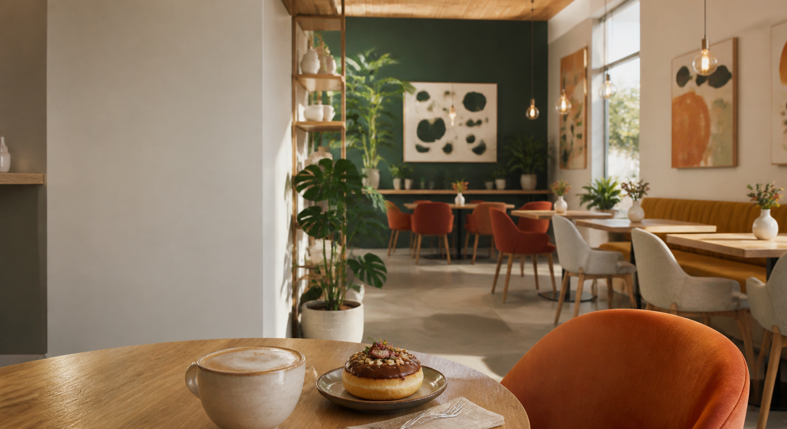 Warm, plant-filled café interior with green walls, rust-orange chairs, coffee and a doughnut on a wooden table