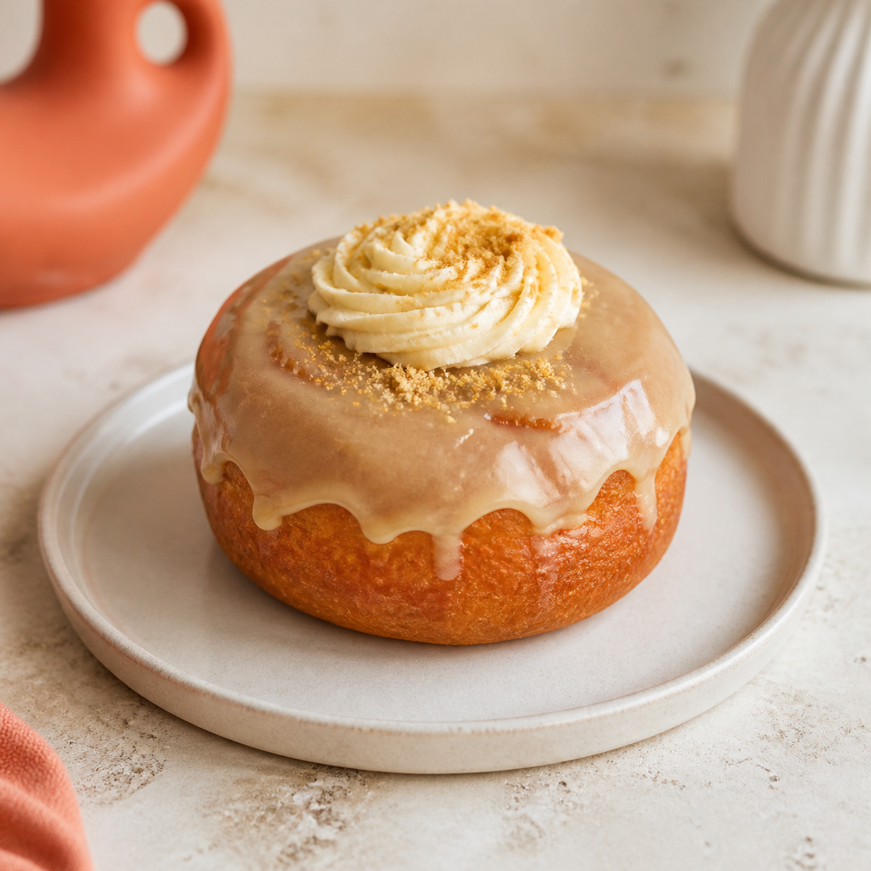 Close-up of a freshly iced doughnut on handmade ceramic