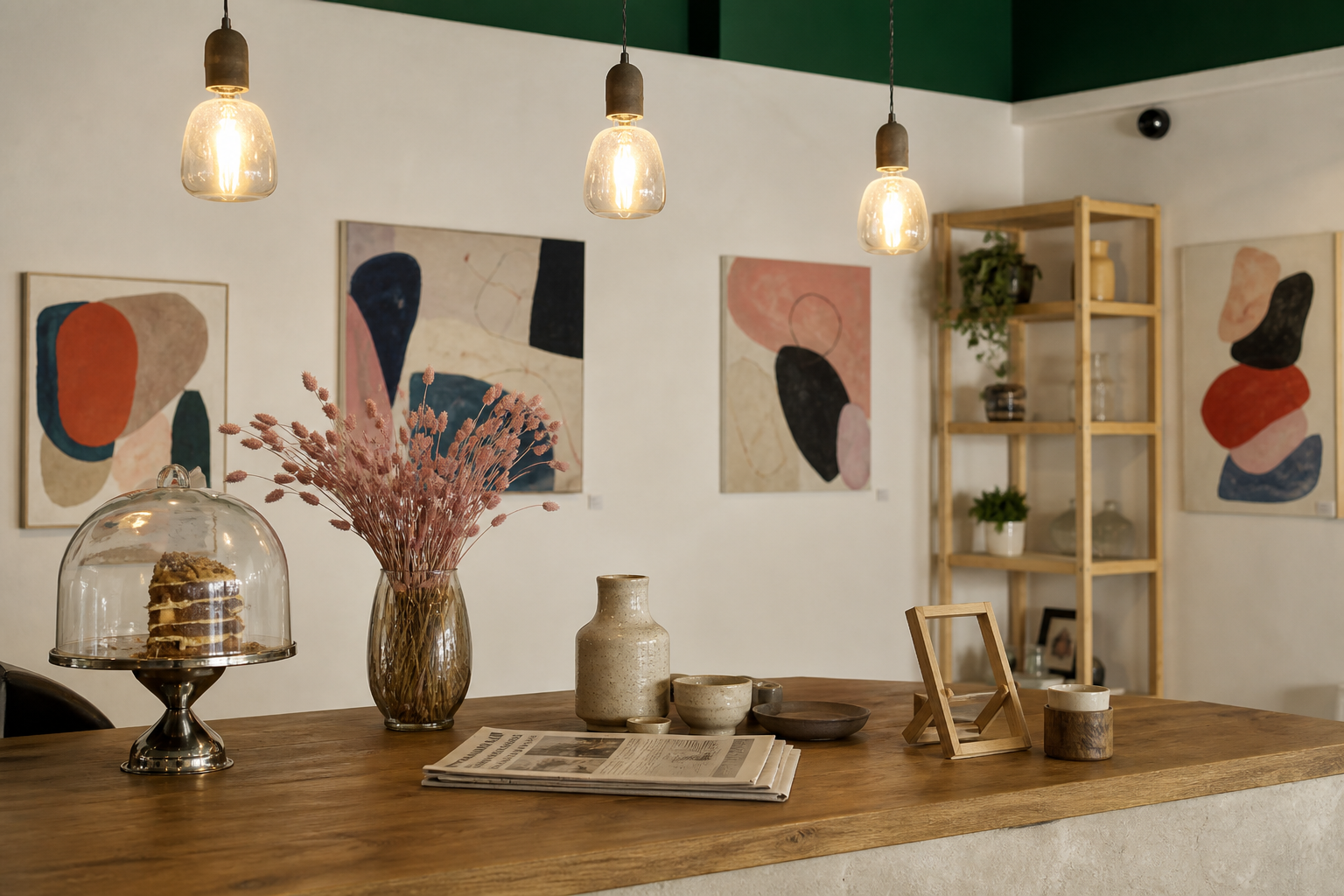 Display counter inside Sweet Side of Thingz with a cake dome, dried flowers, ceramics and gallery art