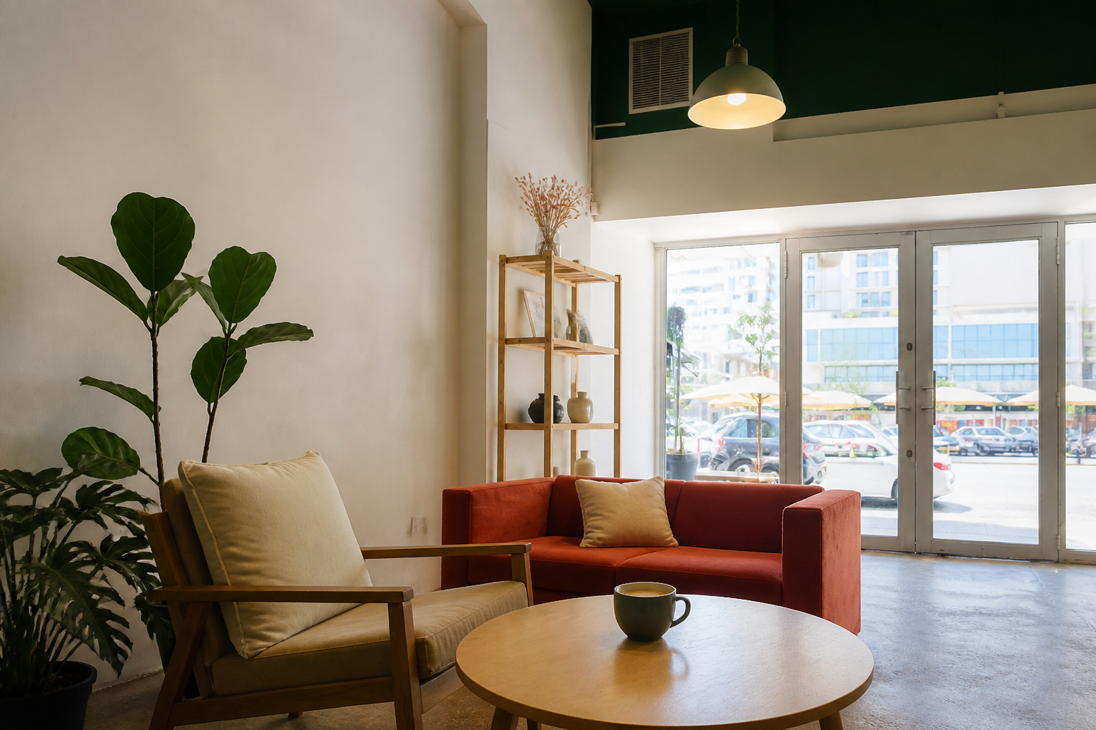 Quiet lounge corner inside Sweet Side of Thingz with a cream armchair, red sofa and storefront windows