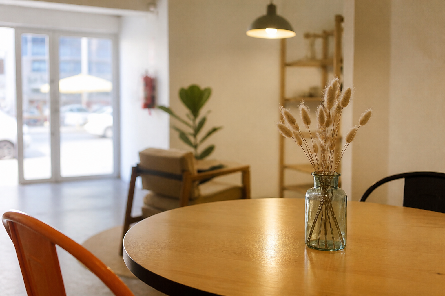 Round café table with a vase, orange chair and pendant light inside Sweet Side of Thingz