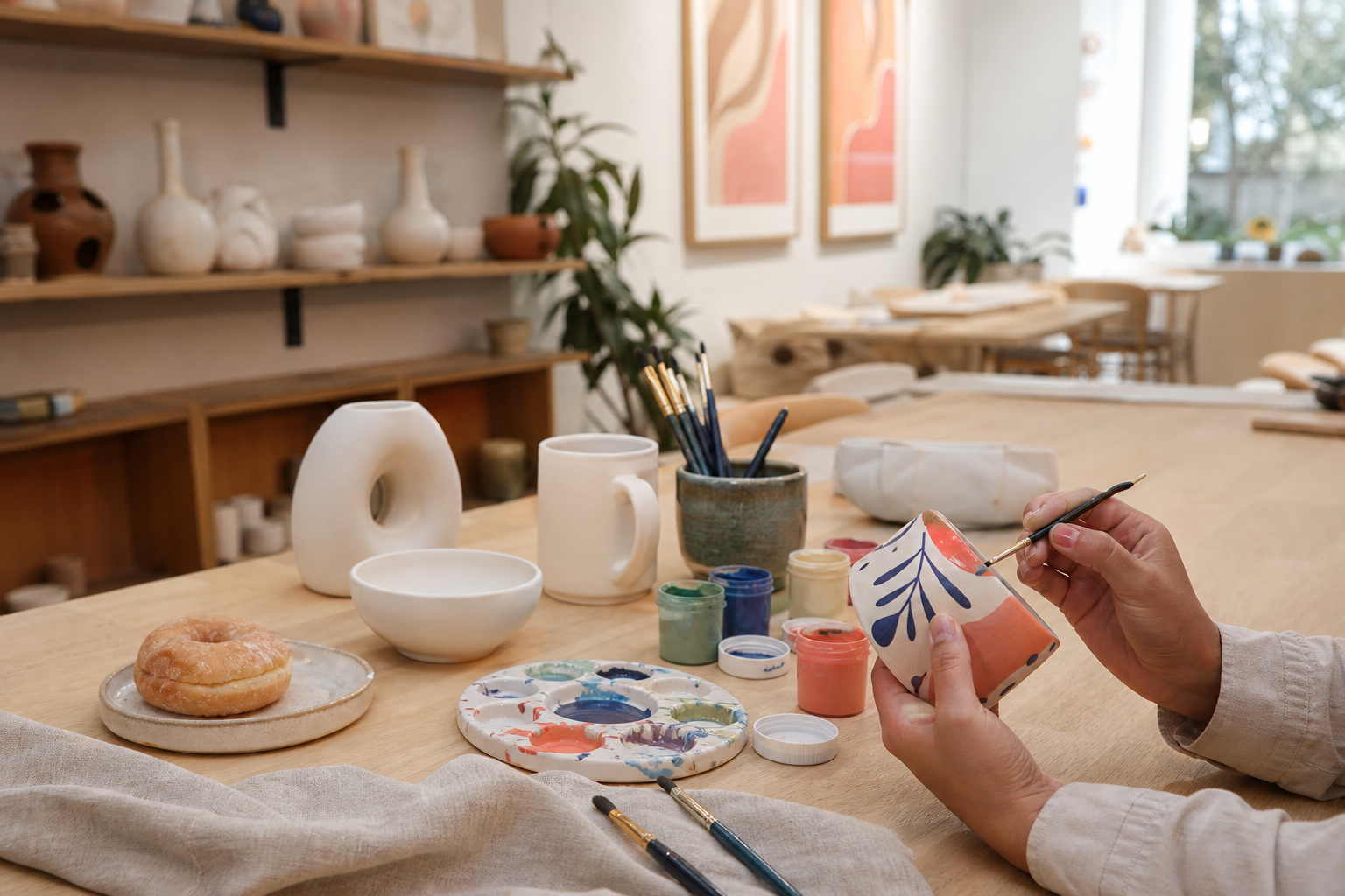 Ceramic painting table with brushes, paint pots, coffee and a doughnut