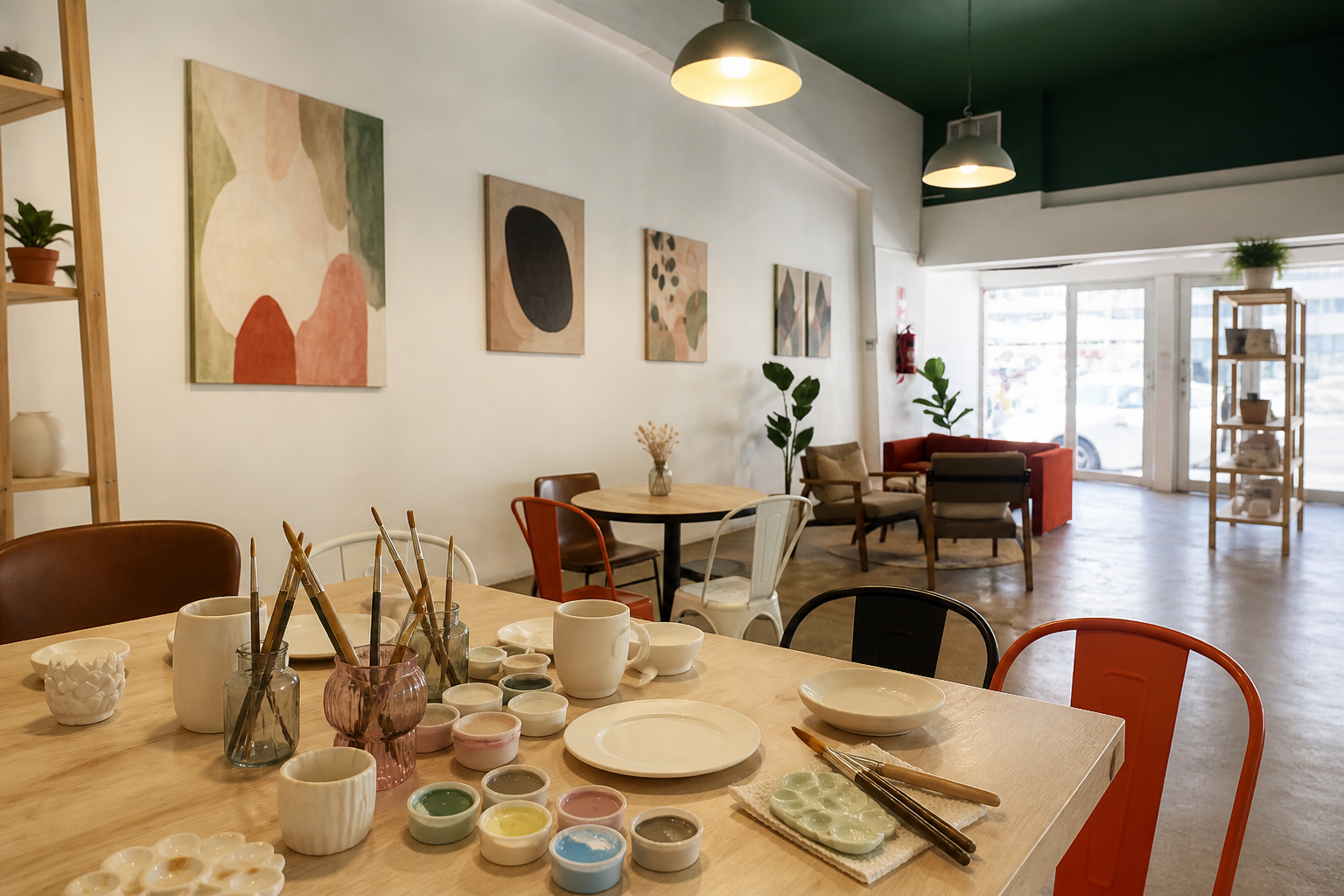 Ceramic painting table inside Sweet Side of Thingz with paint pots, brushes and café seating