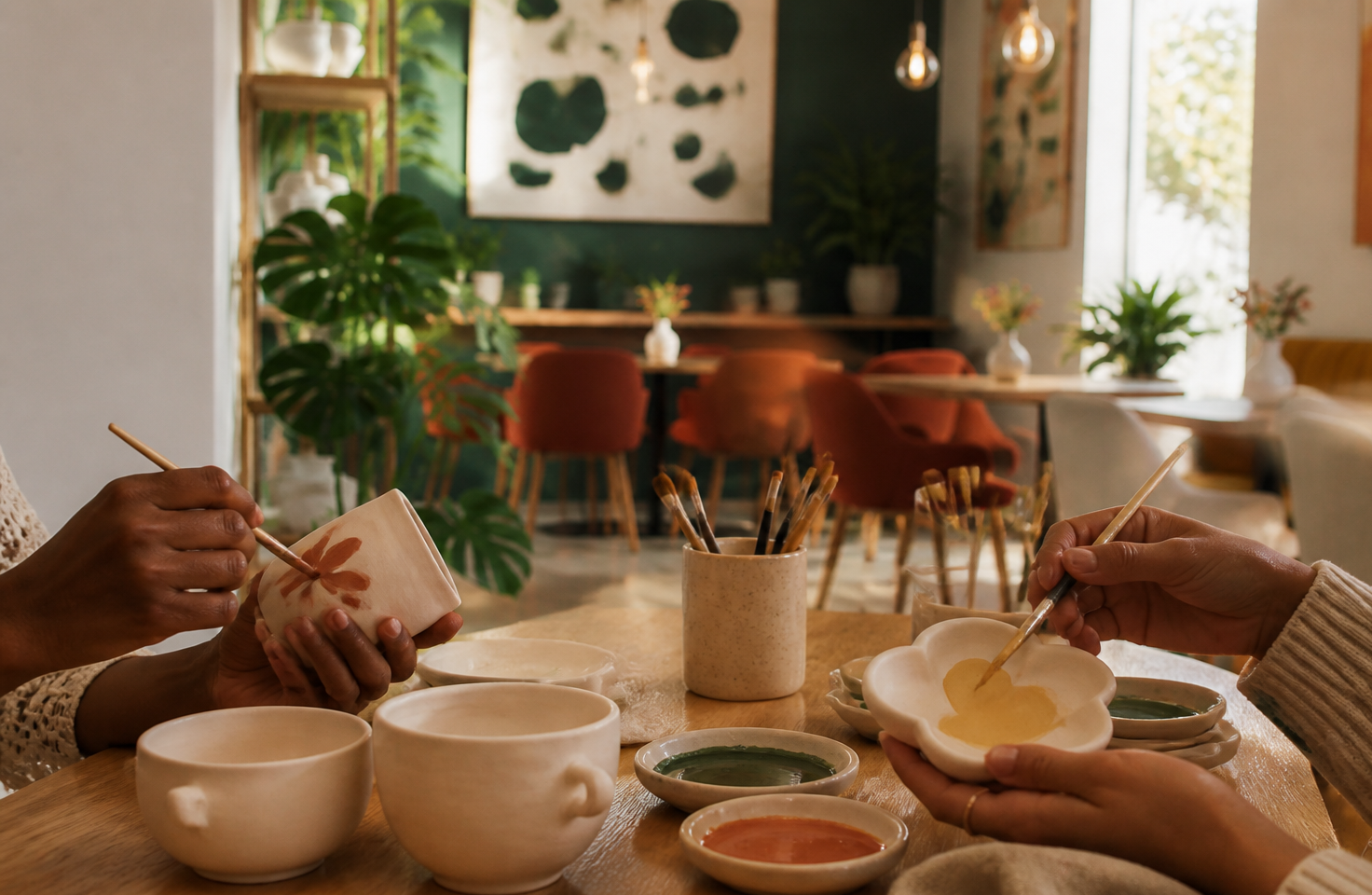 Two people painting small ceramic pieces at a café table with paint bowls and brushes
